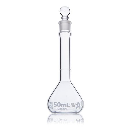 GLOBE SCIENTIFIC Flask, Volumetric, Wide Mouth, Globe Glass, 50mL, Class A, To Contain (TC), ASTM E288, 6/Box 8230050